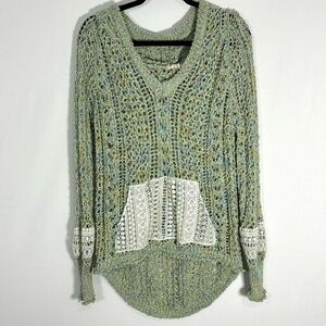 POL Women’s Loose Knit Hooded Sweater V-Neck Feminine Lace Details Large